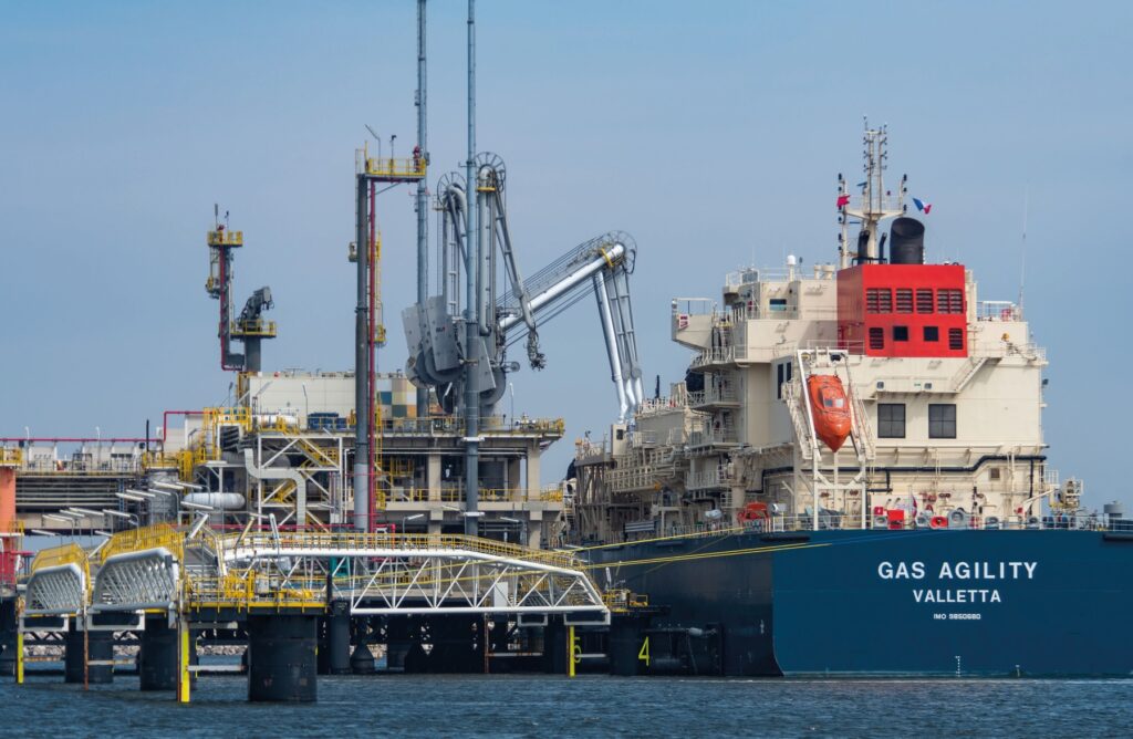 LNG vessel moored at a European import terminal, illustrating the growing role of LNG in European gas infrastructure.