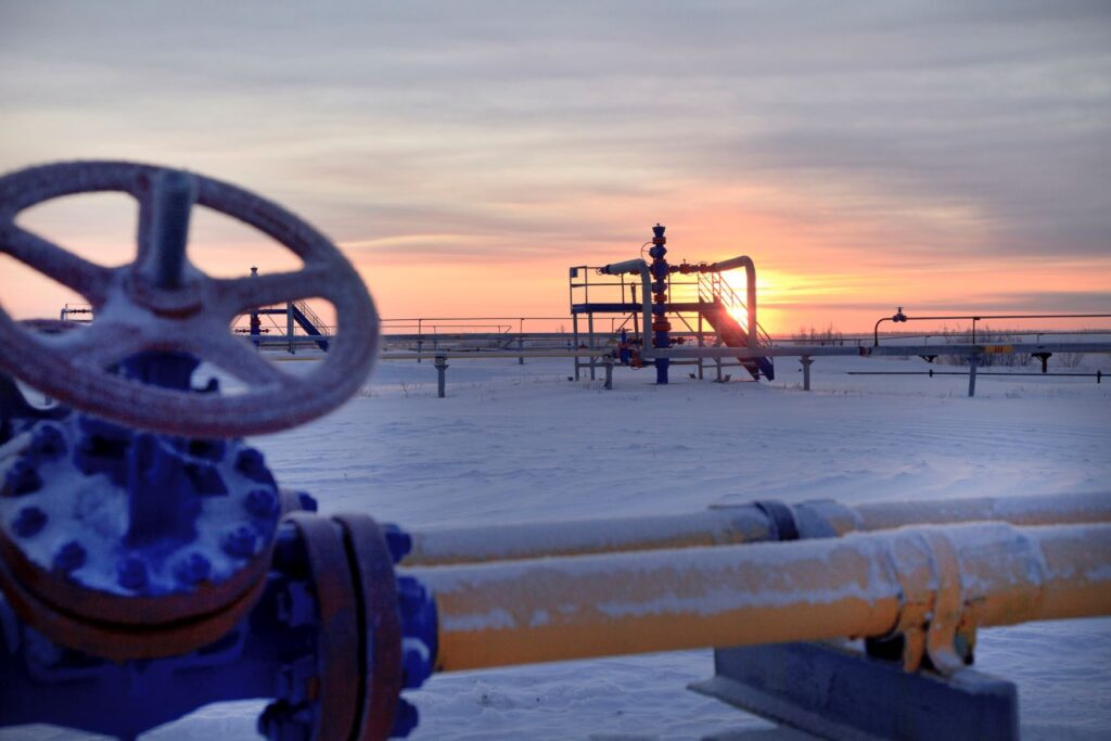 European gas infrastructure in winter at sunrise