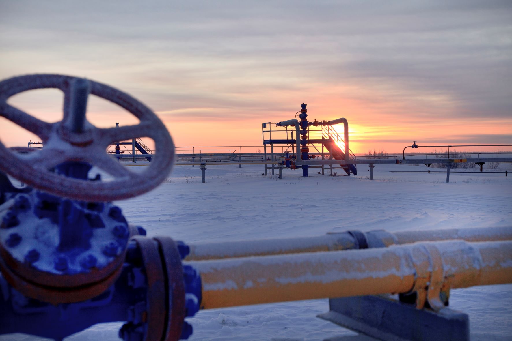 European gas infrastructure in winter at sunrise