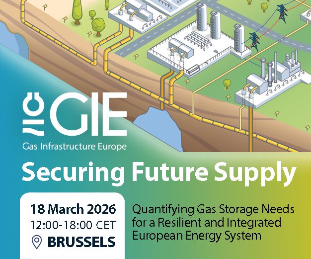 Promotional banner for the GIE “Securing Future Supply” event in Brussels on 18 March 2026, featuring European gas infrastructure including pipelines, storage tanks and industrial facilities.