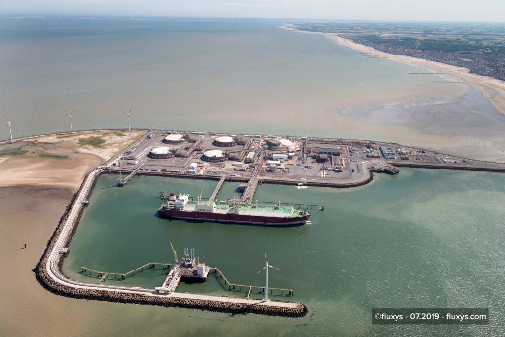 Aerial view of the Zeebrugge LNG terminal, an example of European LNG terminals being adapted for future energy uses