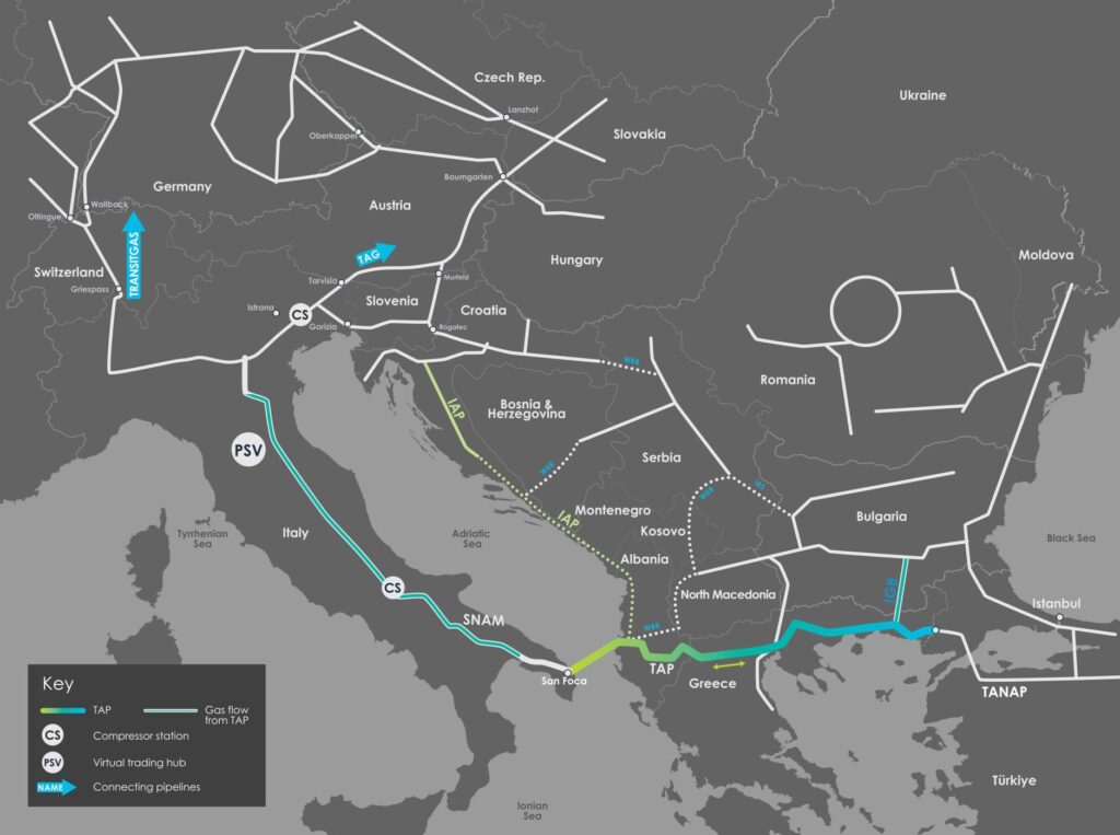 Southern Gas Corridor map showing TANAP and TAP route from Azerbaijan to Italy