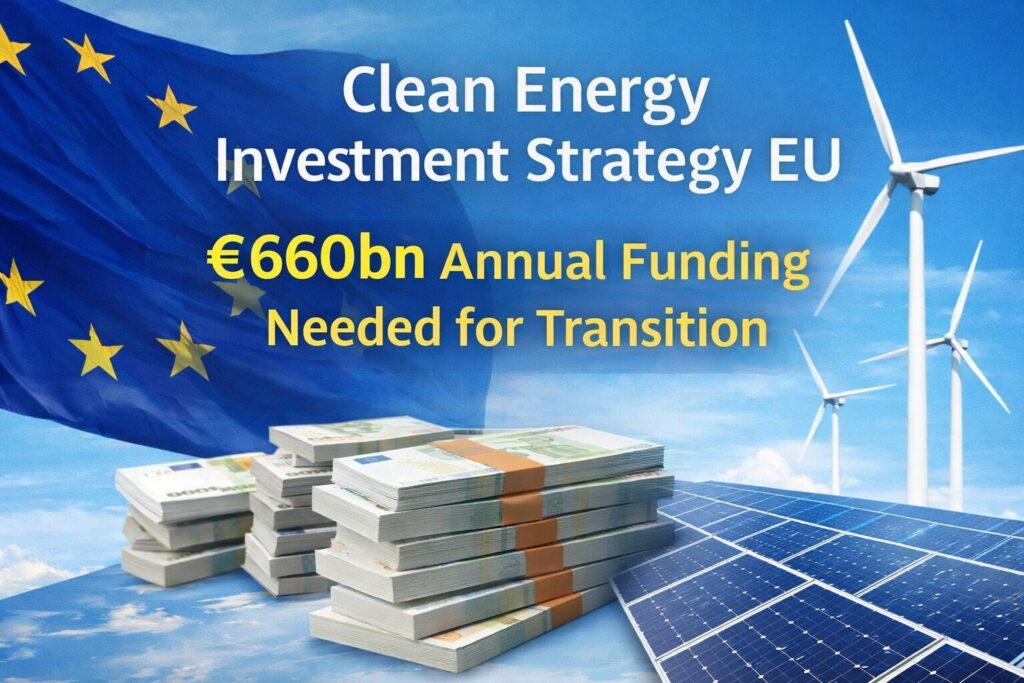 EU clean energy investment strategy with wind turbines, solar panels and €660bn funding concept