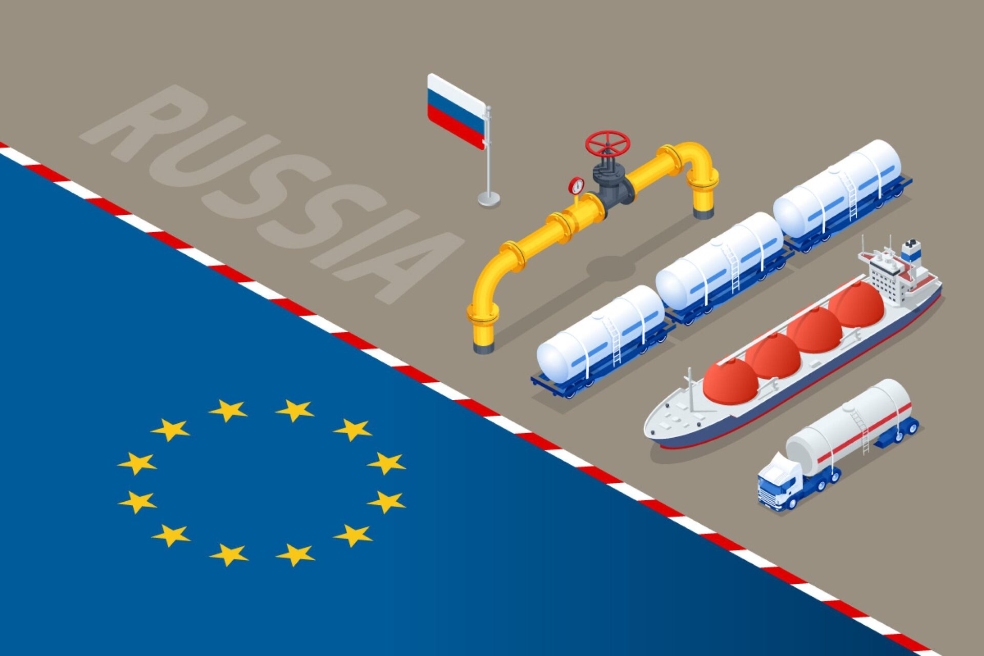 Russian gas imports to Europe illustrated with LNG tanker, pipeline and EU Russia border