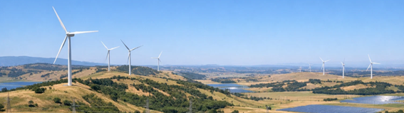 Wind energy landscape in Europe | European Gas Hub Wind turbines across a dry hilly landscape with reservoirs under a clear blue sky