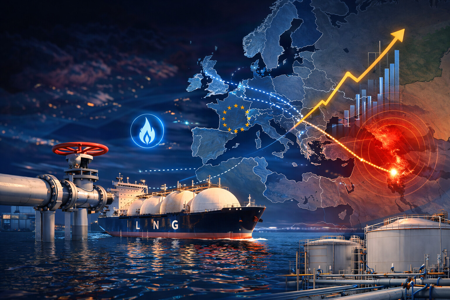 Illustration of Europe’s gas market during the Iran gas shock, showing LNG shipping, gas infrastructure, storage tanks, a Europe map and supply pressure near the Strait of Hormuz.