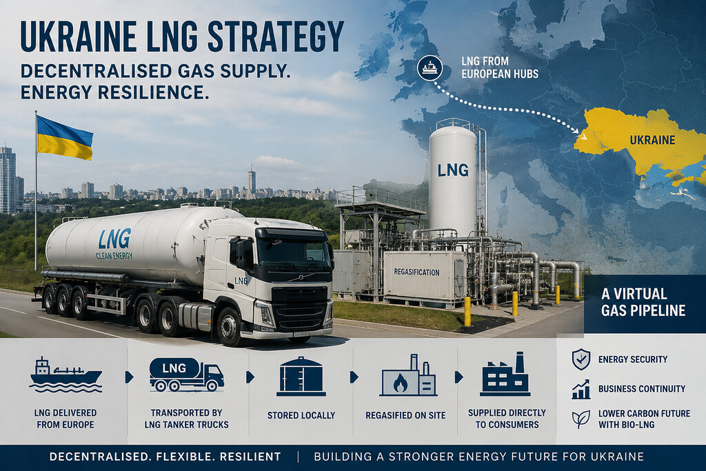 Infographic banner showing Ukraine LNG strategy with a tanker truck, storage facility, and a map highlighting Ukraine.