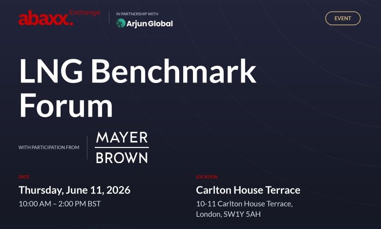 Promotional banner for the LNG Benchmark Forum hosted by Abaxx Exchange and Arjun Global in London on June 11, 2026