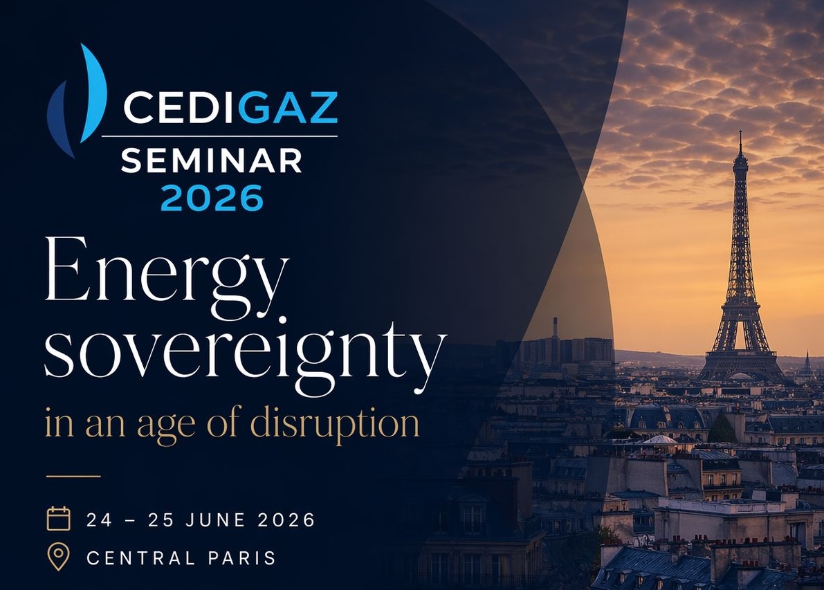 CEDIGAZ Seminar 2026 banner featuring Energy sovereignty theme with Eiffel Tower in Paris