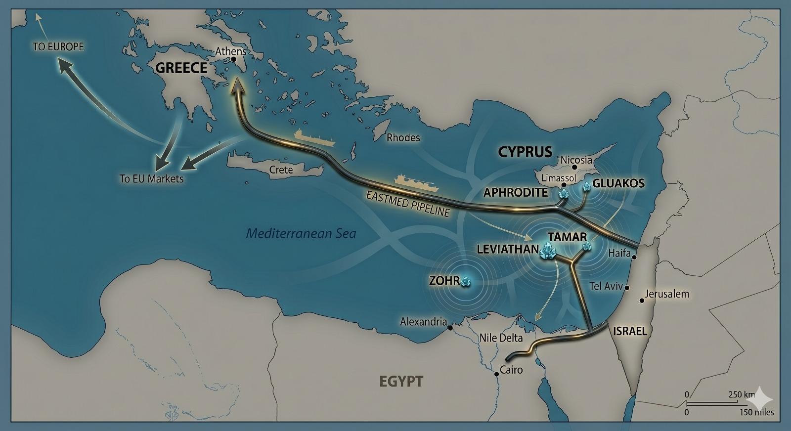 Map of East Mediterranean gas fields and pipelines linking Israel, Cyprus, Egypt and Greece to European markets