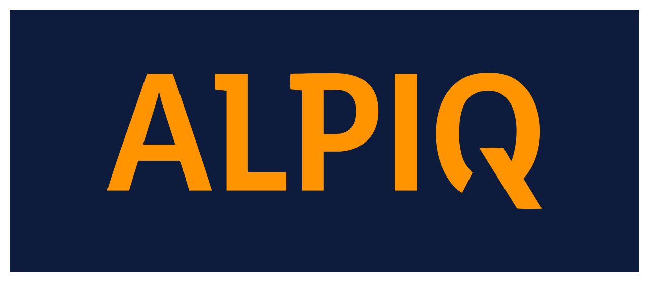 ALPIQ logo in orange on a dark blue background