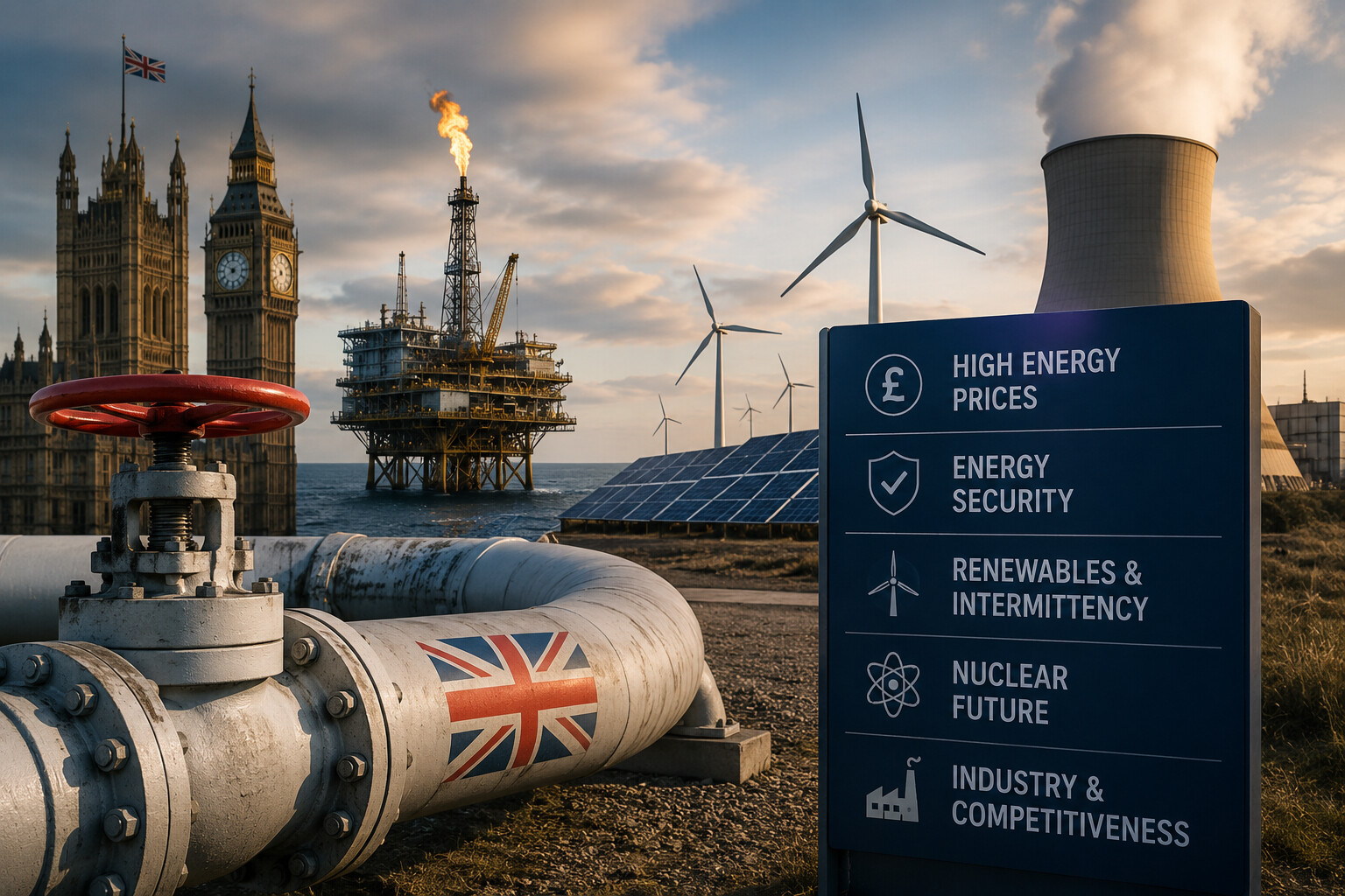 UK energy policy and Britains energy transition | European Gas Hub UK energy policy image showing gas, renewables, nuclear power and high energy prices