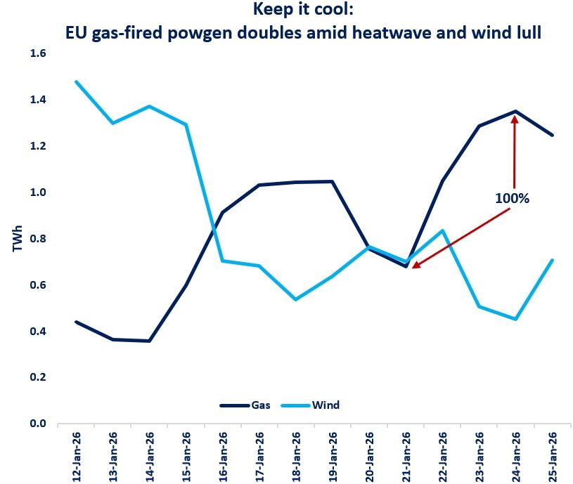 Gas-fired generation doubles across Europe as wind power falls during January heatwave