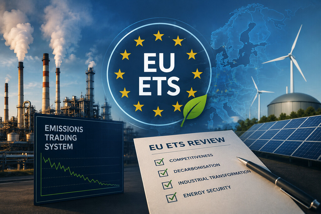 EU ETS review concept showing industrial emissions, renewable energy, carbon market policy and energy security priorities in Europe.