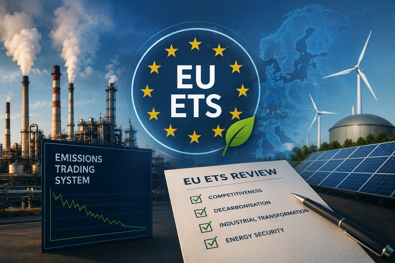 EU ETS review concept showing industrial emissions, renewable energy, carbon market policy and energy security priorities in Europe.