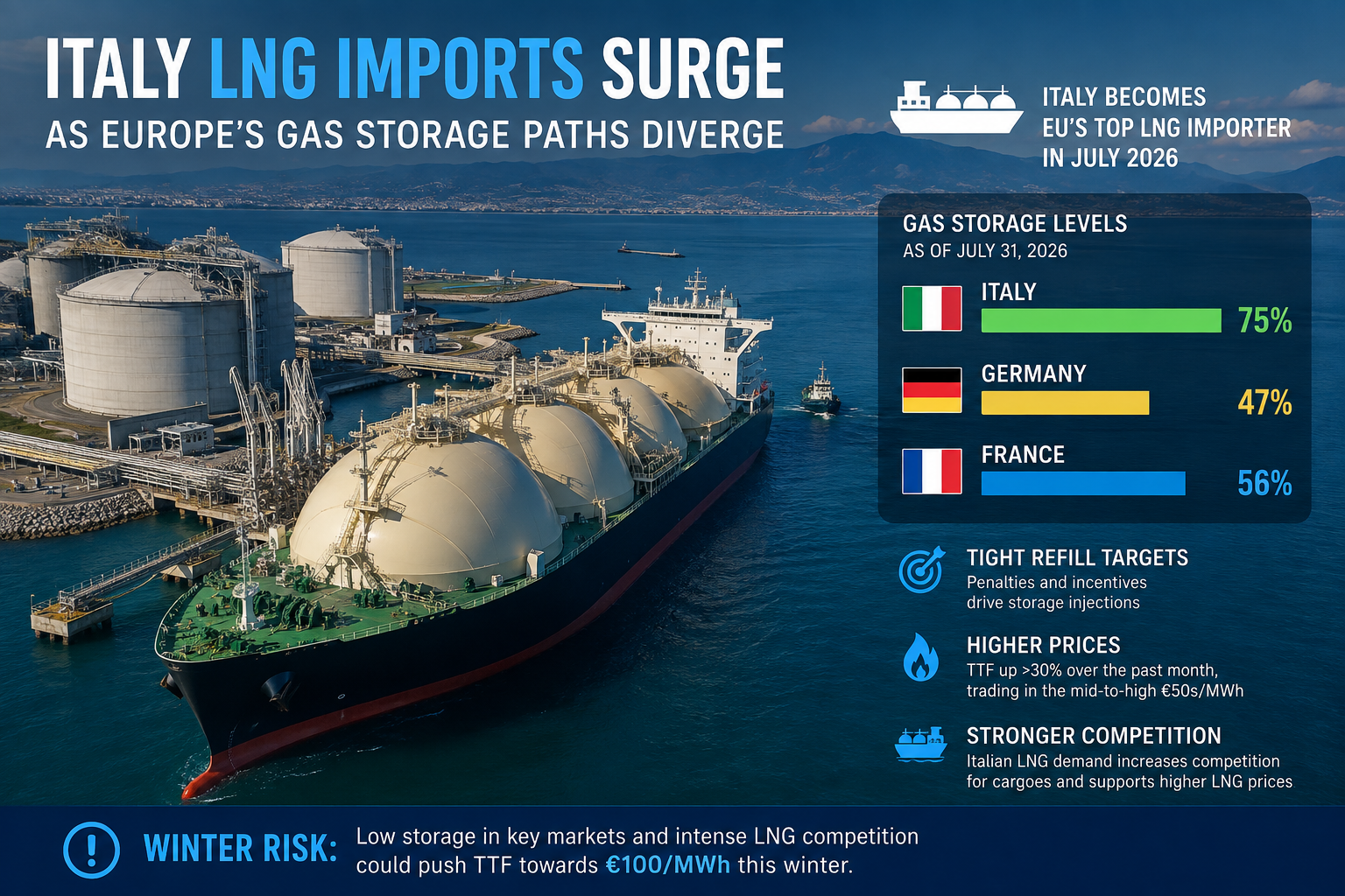 Italy LNG imports and European gas storage outlook 2026 | European Gas Hub Italy LNG imports surge as European gas storage levels diverge ahead of winter