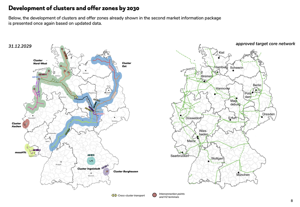 German hydrogen network clusters and approved core network by 2030