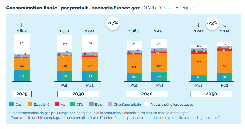 French final energy consumption by fuel under gas scenarios from 2025 to 2050
