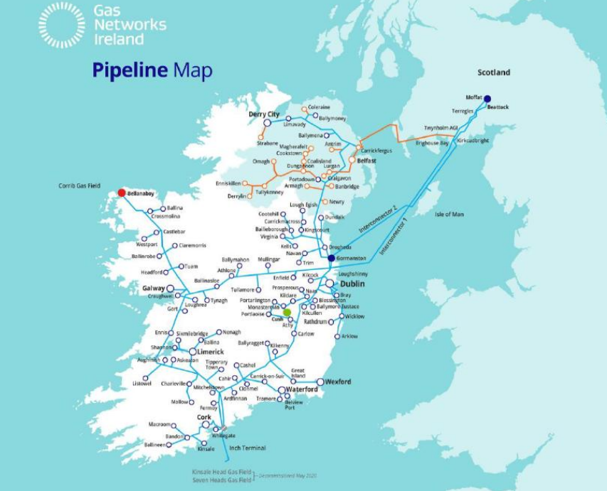 Ireland natural gas transmission pipeline network and interconnectors with Scotland
