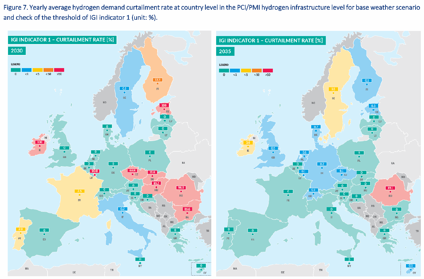 European hydrogen infrastructure gaps: hydrogen demand curtailment by country in 2030 and 2035