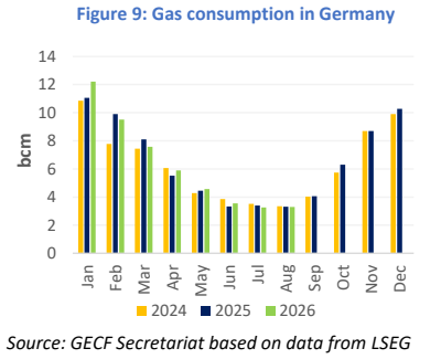 European gas market chart showing monthly gas consumption in Germany for 2024, 2025 and 2026