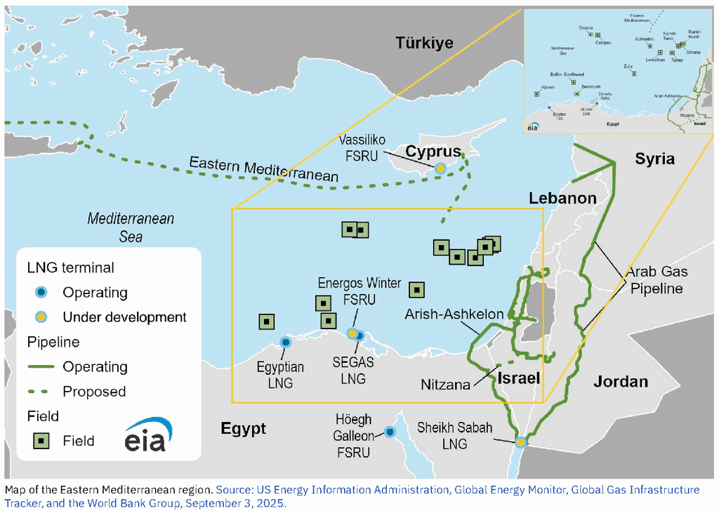 Eastern Mediterranean gas fields, LNG terminals and pipelines linking Egypt, Israel and Cyprus