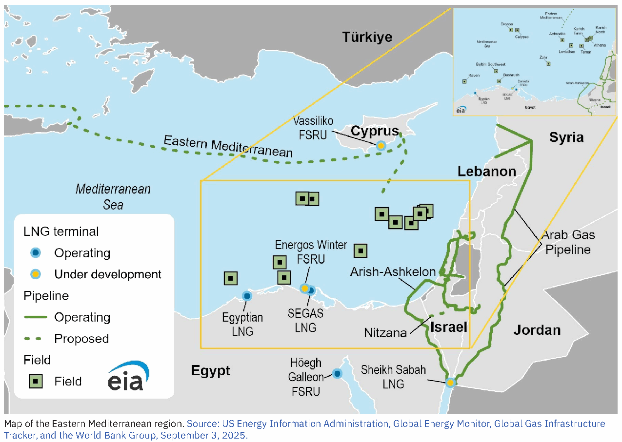 Eastern Mediterranean gas fields, LNG terminals and pipelines linking Egypt, Israel and Cyprus